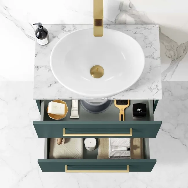 Elba Midnight Green Wall Hung Drawer Vanity with Marble Top & Oval Counter Top Basin 600mm - Brushed Brass Accents