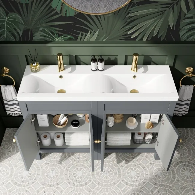 Bermuda Dove Grey Double Basin Vanity 1200mm - Brushed Brass Accents
