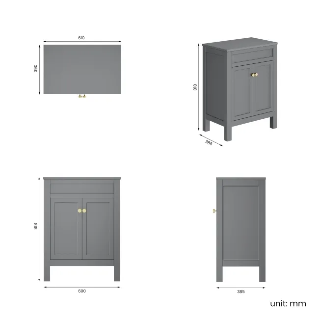 Bermuda Dove Grey Cabinet 600mm Excludes Counter Top Basin - Brushed Brass Accents
