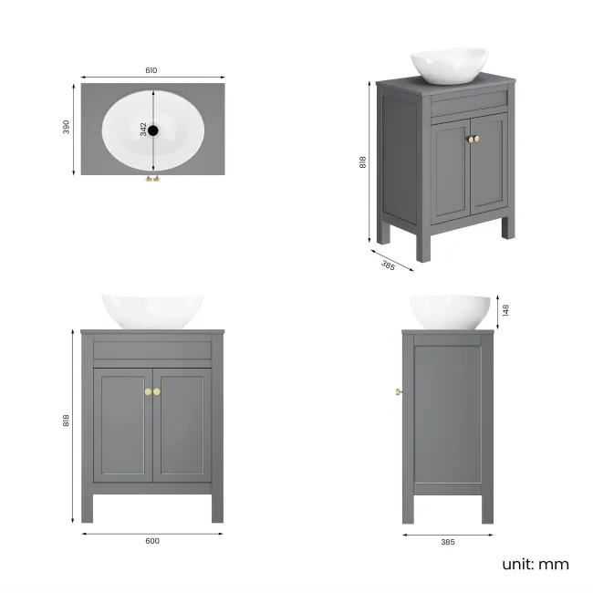 Bermuda Dove Grey Vanity with Oval Counter Top Basin 600mm - Brushed Brass Accents