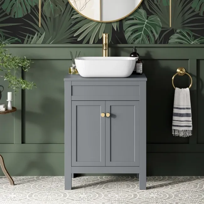 Bermuda Dove Grey Vanity with Curved Counter Top Basin 600mm - Brushed Brass Accents