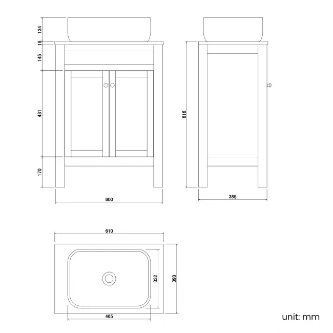 Bermuda Dove Grey Vanity with Curved Counter Top Basin 600mm - Brushed Brass Accents