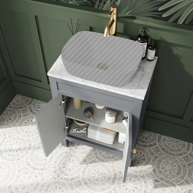 Bermuda Dove Grey Cabinet with Marble Top 600mm Excludes Counter Top Basin - Brushed Brass Accents