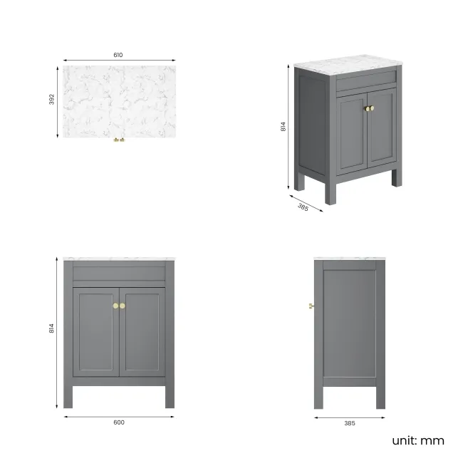 Bermuda Dove Grey Cabinet with Marble Top 600mm Excludes Counter Top Basin - Brushed Brass Accents