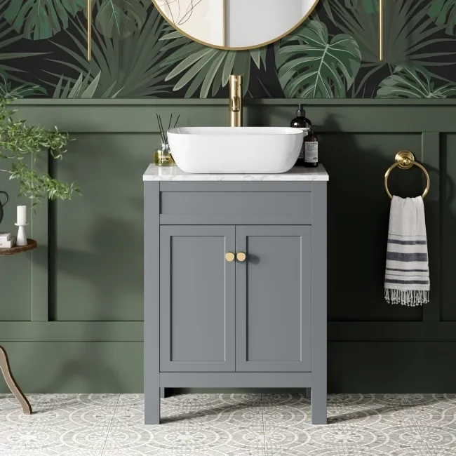 Bermuda Dove Grey Vanity with Marble Top & Curved Counter Top Basin 600mm - Brushed Brass Accents
