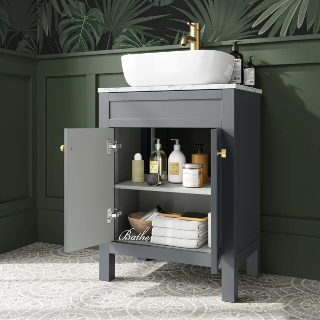 Bermuda Dove Grey Vanity with Marble Top & Curved Counter Top Basin 600mm - Brushed Brass Accents