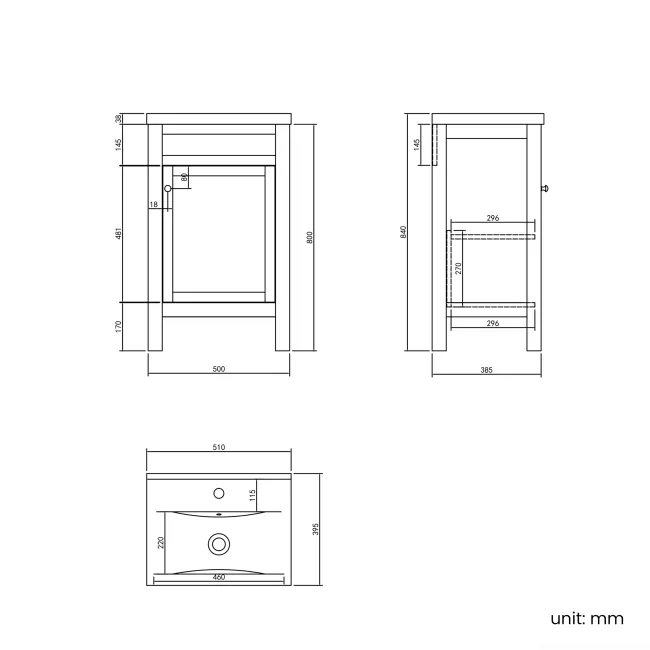 Bermuda Chalk White Basin Vanity 500mm - Brushed Brass Accents