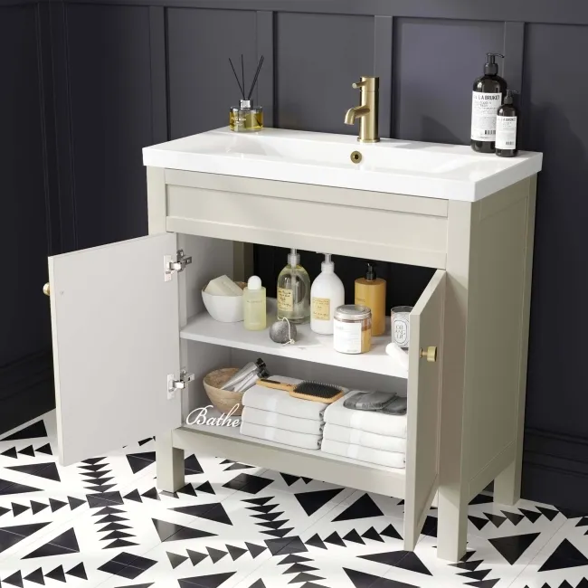 Bermuda Chalk White Basin Vanity 800mm - Brushed Brass Accents