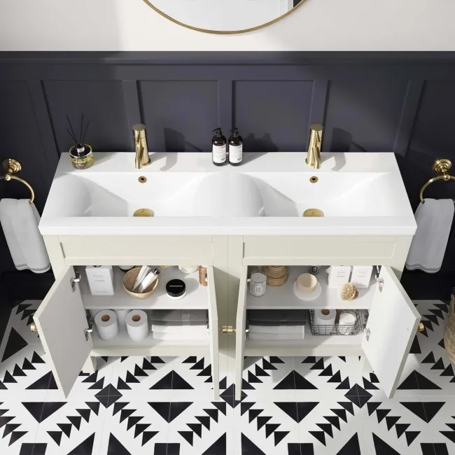Bermuda Chalk White Double Basin Vanity 1200mm - Brushed Brass Accents