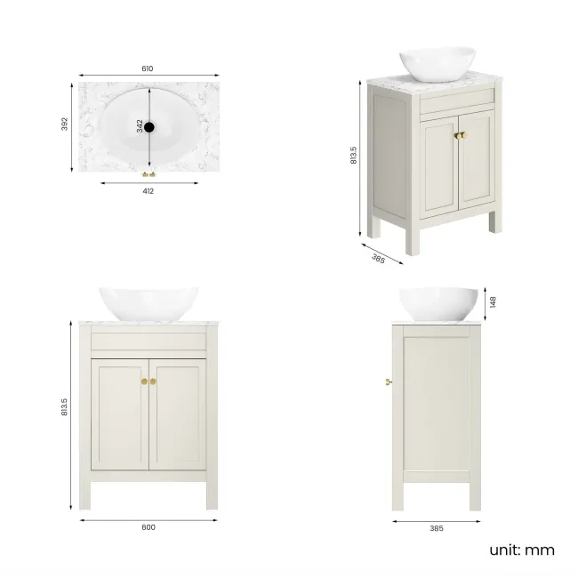 Bermuda Chalk White Vanity with Marble Top & Oval Counter Top Basin 600mm - Brushed Brass Accents
