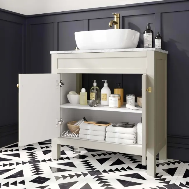 Bermuda Chalk White Vanity with Marble Top & Curved Counter Top Basin 800mm - Brushed Brass Accents