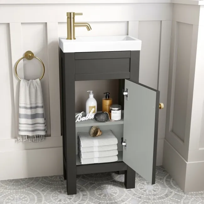 Bermuda Graphite Grey Cloakroom Basin Vanity 400mm - Brushed Brass Accents