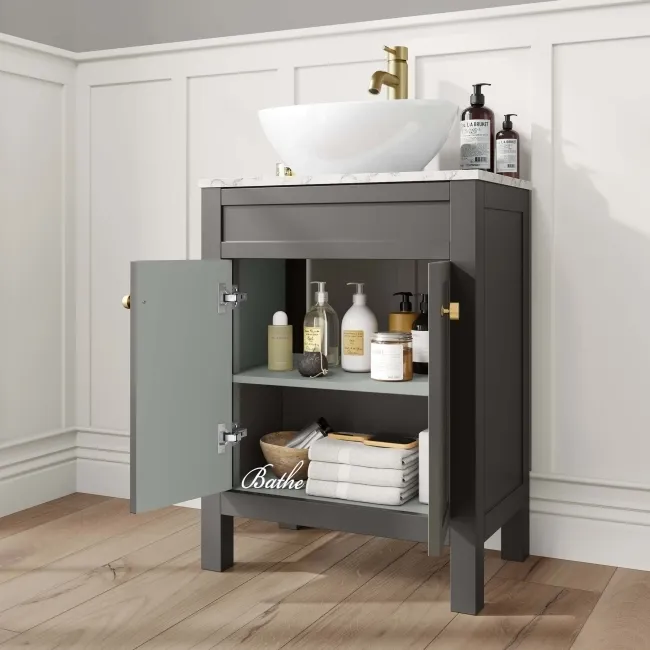 Bermuda Graphite Grey Vanity with Marble Top & Oval Counter Top Basin 600mm - Brushed Brass Accents