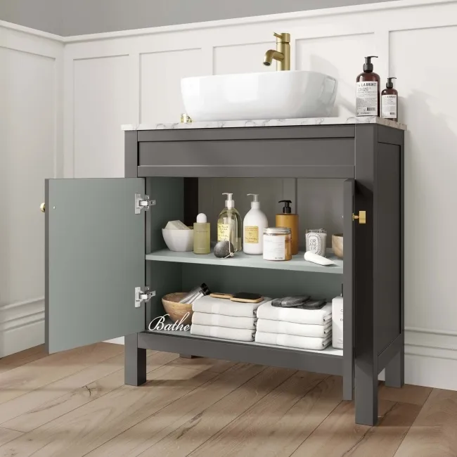 Bermuda Graphite Grey Vanity with Marble Top & Curved Counter Top Basin 800mm - Brushed Brass Accents