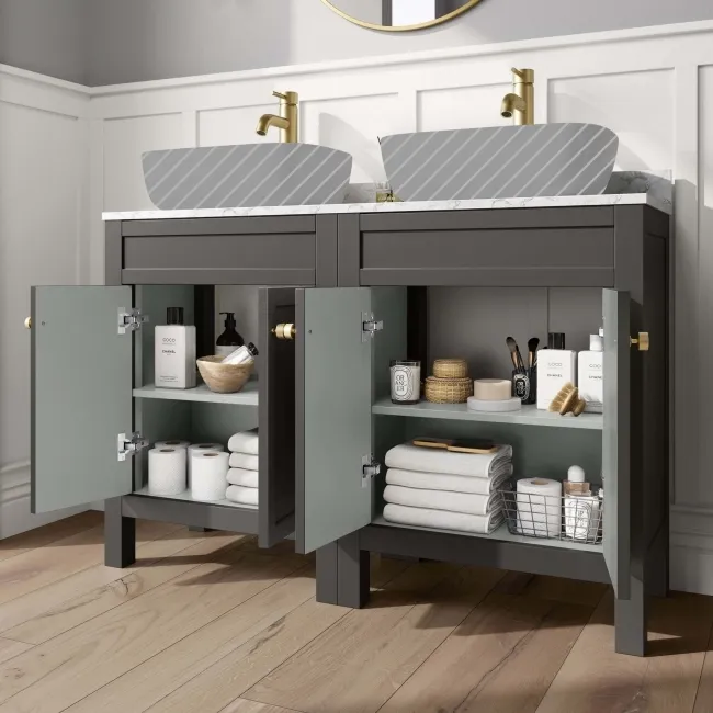 Bermuda Graphite Grey Cabinet with Marble Top 1200mm Excludes Counter Top Basins - Brushed Brass Accents