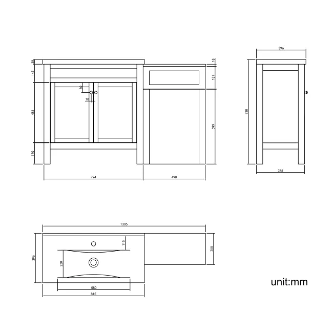 Bermuda Inky Blue Basin Vanity Drawer and Back To Wall Toilet 1300mm (Excludes Pan & Cistern)