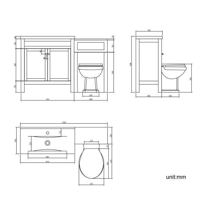 Bermuda Inky Blue Combination Vanity Basin and Hudson Toilet with Wooden Seat 1300mm