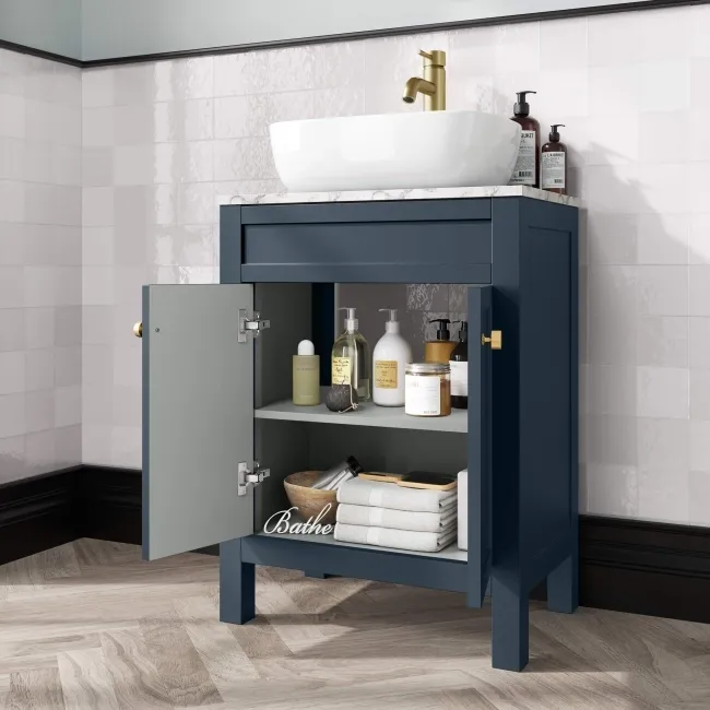 Bermuda Inky Blue Vanity with Marble Top & Curved Counter Top Basin 600mm - Brushed Brass Accents