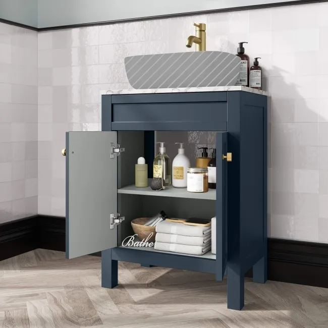 Bermuda Inky Blue Cabinet with Marble Top 600mm Excludes Counter Top Basin - Brushed Brass Accents