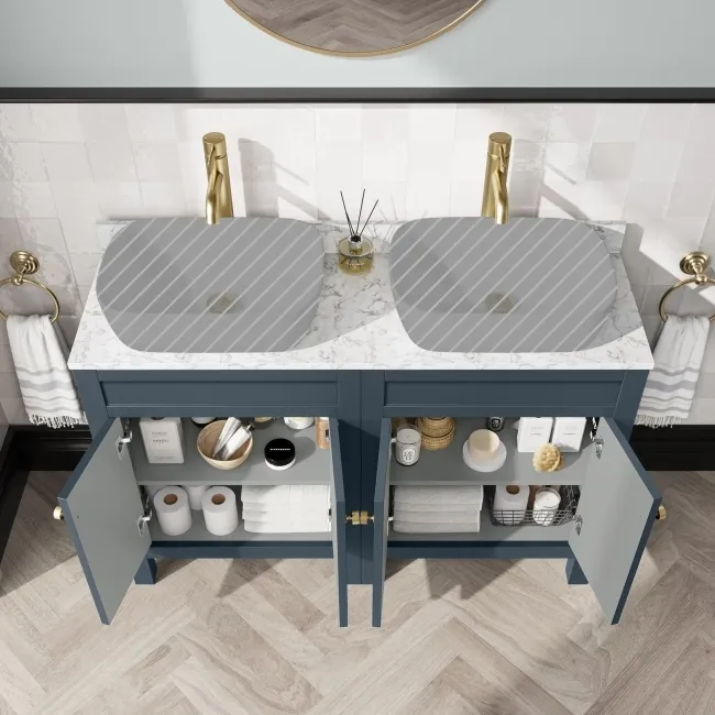 Bermuda Inky Blue Cabinet with Marble Top 1200mm Excludes Counter Top Basins - Brushed Brass Accents