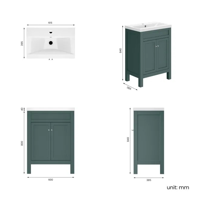 Bermuda Midnight Green Basin Vanity 600mm