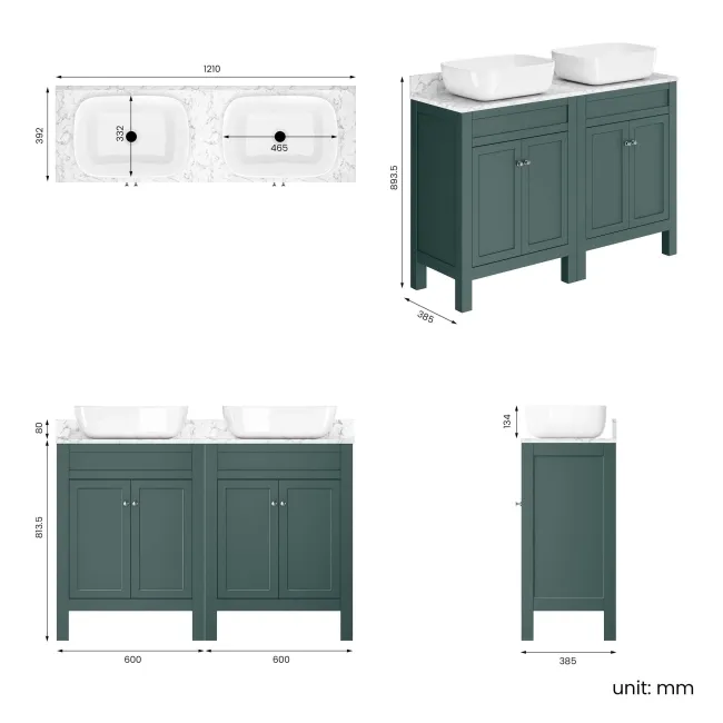 Bermuda Midnight Green Vanity with Marble Top & Curved Counter Top Basin 1200mm