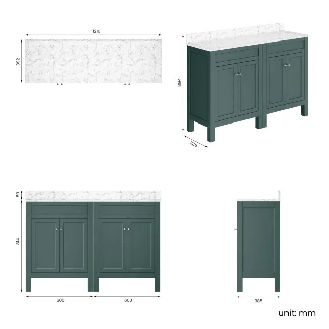 Bermuda Midnight Green Cabinet with Marble Top 1200mm - Excludes Counter Top Basins