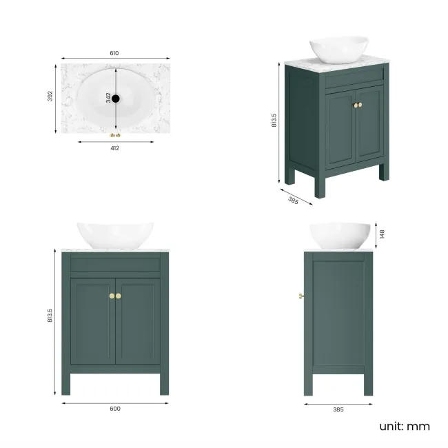 Bermuda Midnight Green Vanity with Marble Top & Oval Counter Top Basin 600mm - Brushed Brass Accents