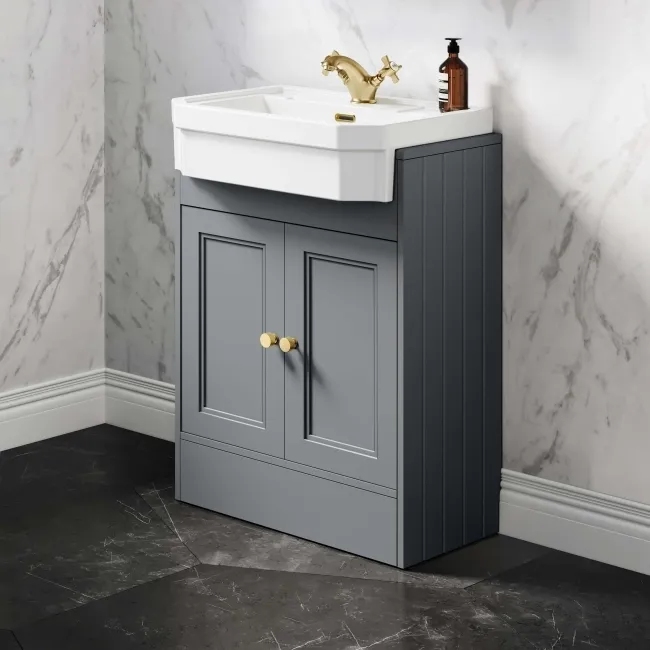 Monaco Dove Grey Traditional Basin Vanity 600mm - Brushed Brass Accents