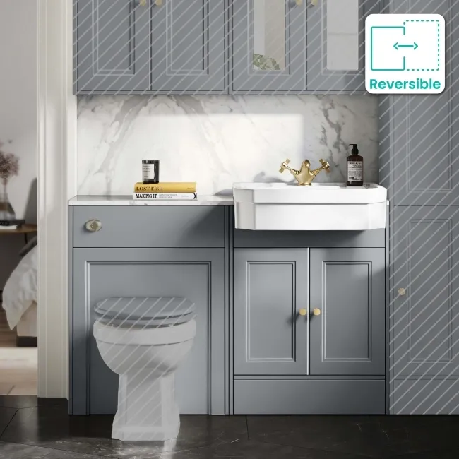 Monaco Dove Grey Combination Vanity Traditional Basin with Marble Top 1200mm (Excludes Pan & Cistern) - Brushed Brass Accents