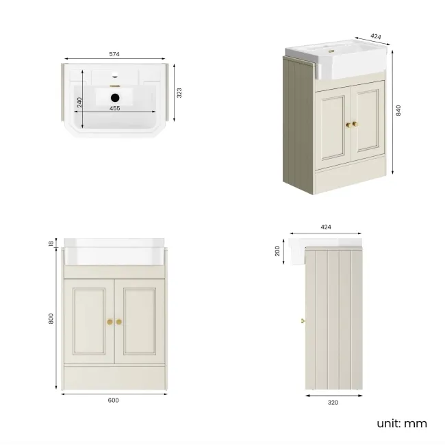 Monaco Chalk White Traditional Basin Vanity 600mm - Brushed Brass Accents