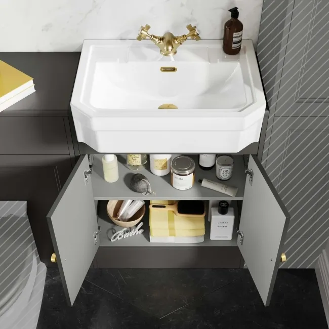 Monaco Graphite Grey Traditional Basin Vanity and Back To Wall Unit 1200mm (Excludes Pan & Cistern) - Brushed Brass Accents