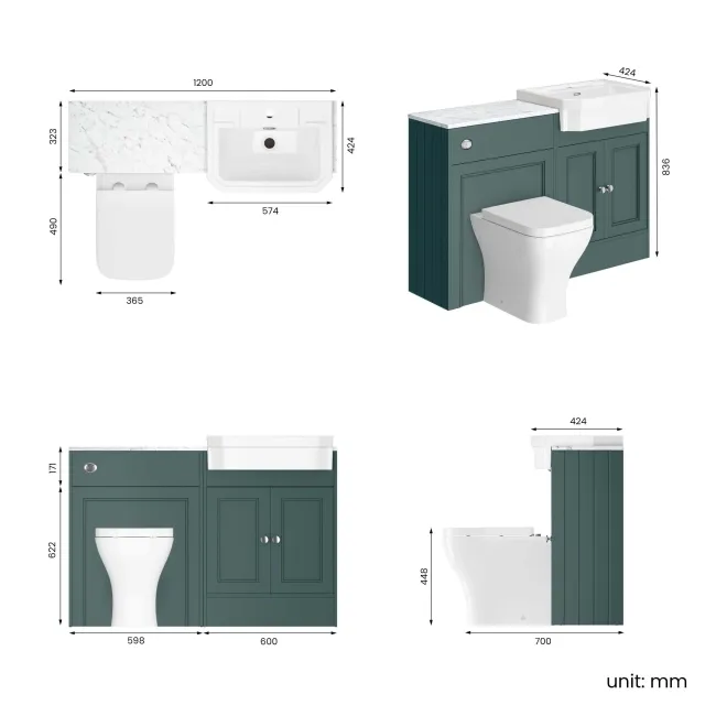 Monaco Midnight Green Combination Vanity Traditional Basin with Marble Top & Atlanta Toilet 1200mm
