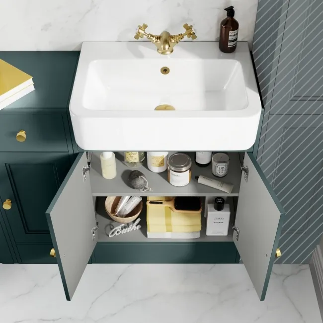 Monaco Midnight Green Basin Vanity and Back To Wall Unit 1500mm (Excludes Pan & Cistern) - Brushed Brass Accents