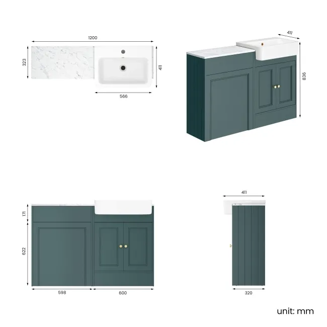 Monaco Midnight Green Combination Vanity Basin with Marble Top 1200mm (Excludes Pan & Cistern) - Brushed Brass Accents