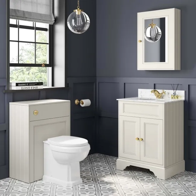 Lucia Chalk White Vanity with Marble Top & Undermount Basin 630mm - Brushed Brass Accents