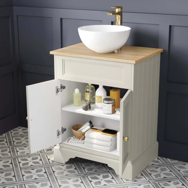 Lucia Chalk White Vanity with Oak Effect Top & Round Counter Top Basin 640mm - Brushed Brass Accents