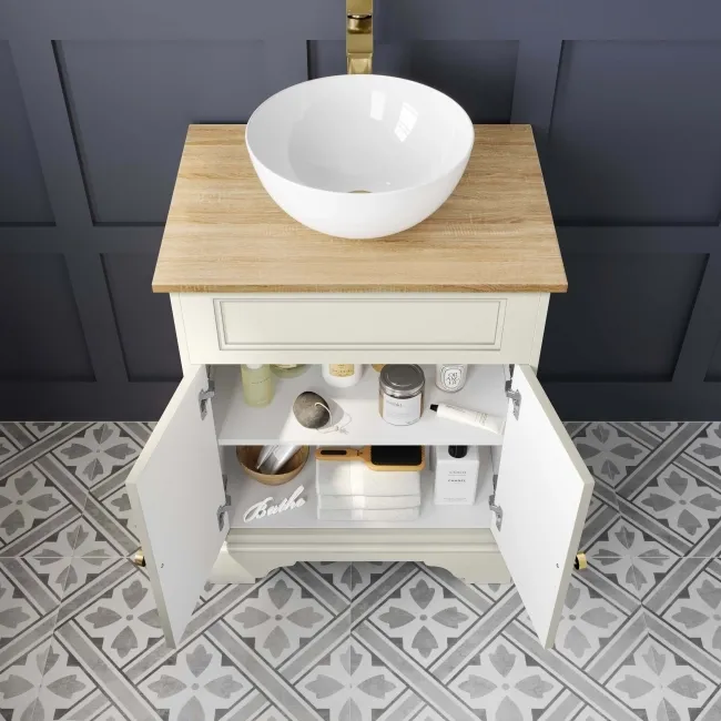 Lucia Chalk White Vanity with Oak Effect Top & Round Counter Top Basin 640mm - Brushed Brass Accents