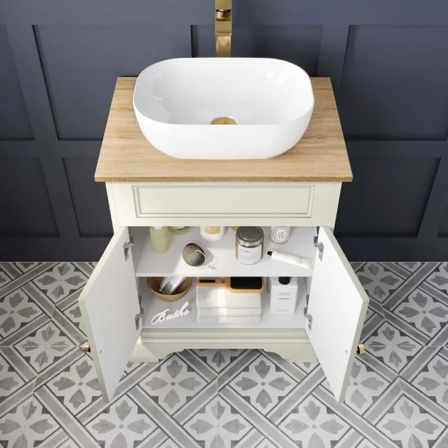 Lucia Chalk White Vanity with Oak Effect Top & Curved Counter Top Basin 640mm - Brushed Brass Accents