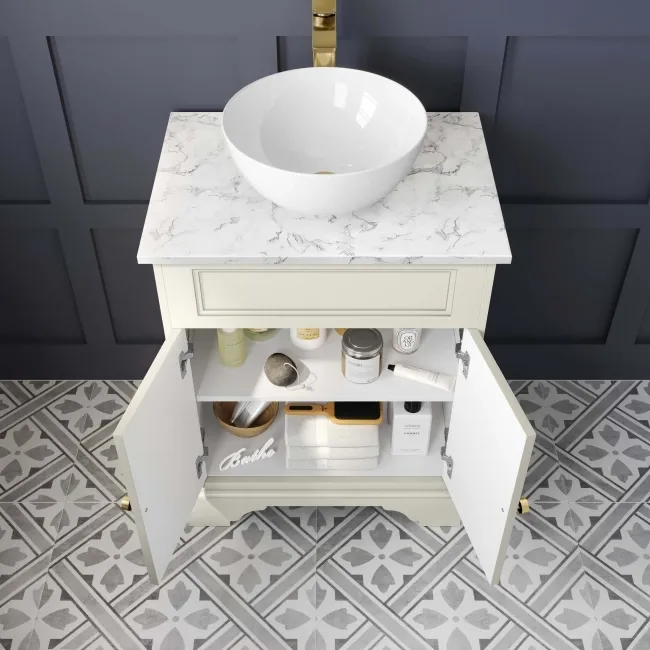 Lucia Chalk White Vanity with Marble Top & Round Counter Top Basin 640mm - Brushed Brass Accents