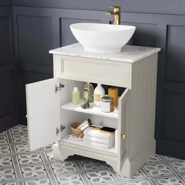 Lucia Chalk White Vanity with Marble Top & Oval Counter Top Basin 640mm - Brushed Brass Accents