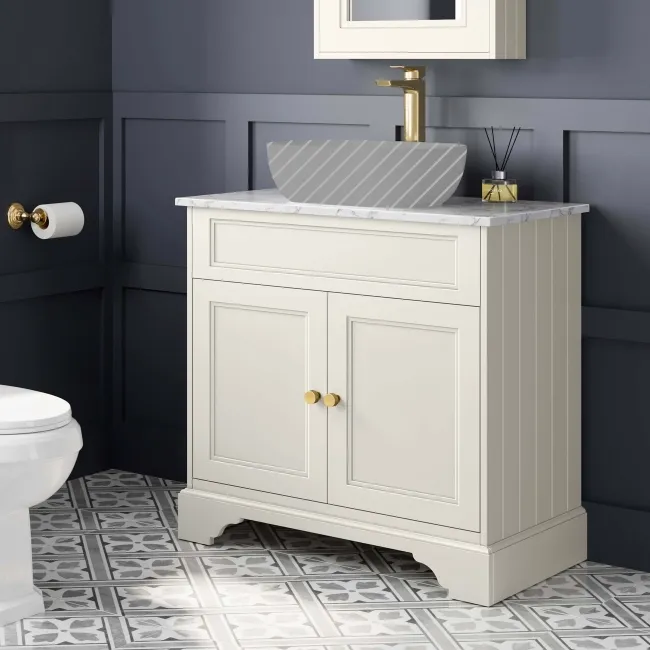 Lucia Chalk White Cabinet with Marble Top 840mm (Excludes Counter Top Basin) - Brushed Brass Accents