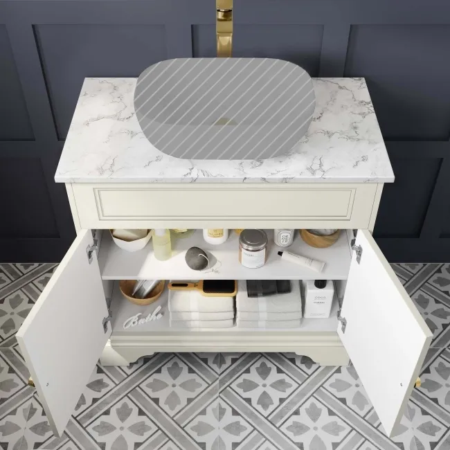 Lucia Chalk White Cabinet with Marble Top 840mm (Excludes Counter Top Basin) - Brushed Brass Accents