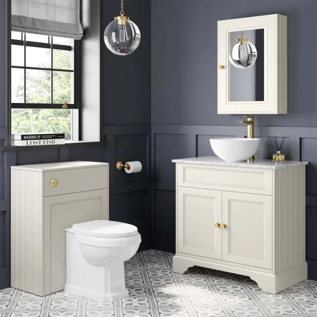 Lucia Chalk White Vanity with Marble Top & Round Counter Top Basin 840mm - Brushed Brass Accents