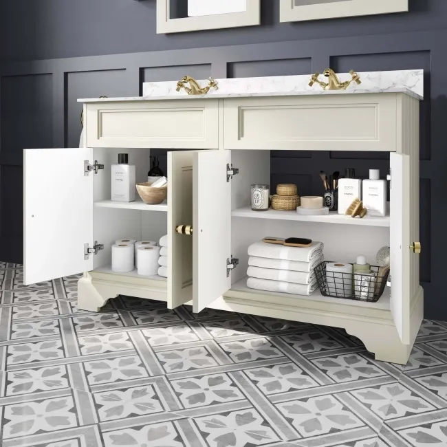 Lucia Chalk White Double Vanity with Marble Top & Undermount Basins 1200mm - Brushed Brass Accents