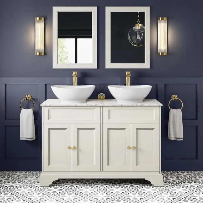 Lucia Chalk White Double Vanity with Marble Top & Oval Counter Top Basin 1200mm - Brushed Brass Accents