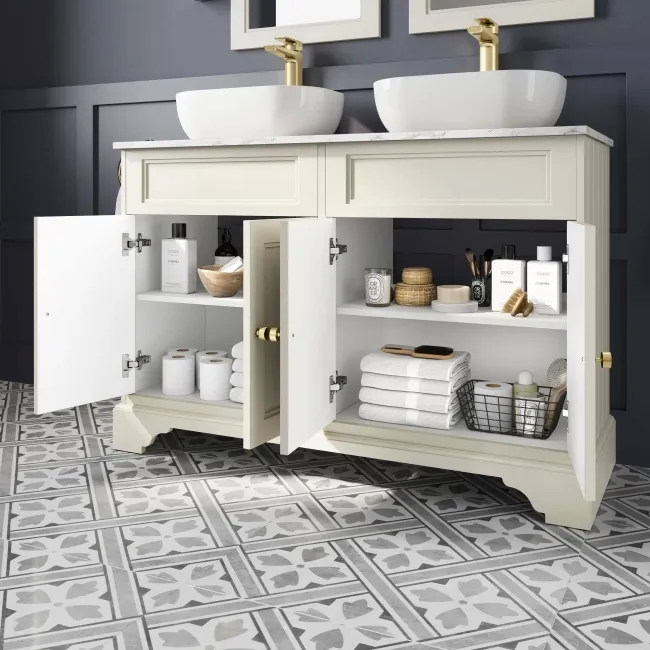 Lucia Chalk White Double Vanity with Marble Top & Curved Counter Top Basin 1200mm - Brushed Brass Accents