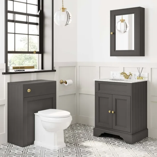 Lucia Graphite Grey Vanity with Marble Top & Undermount Basin 630mm - Brushed Brass Accents