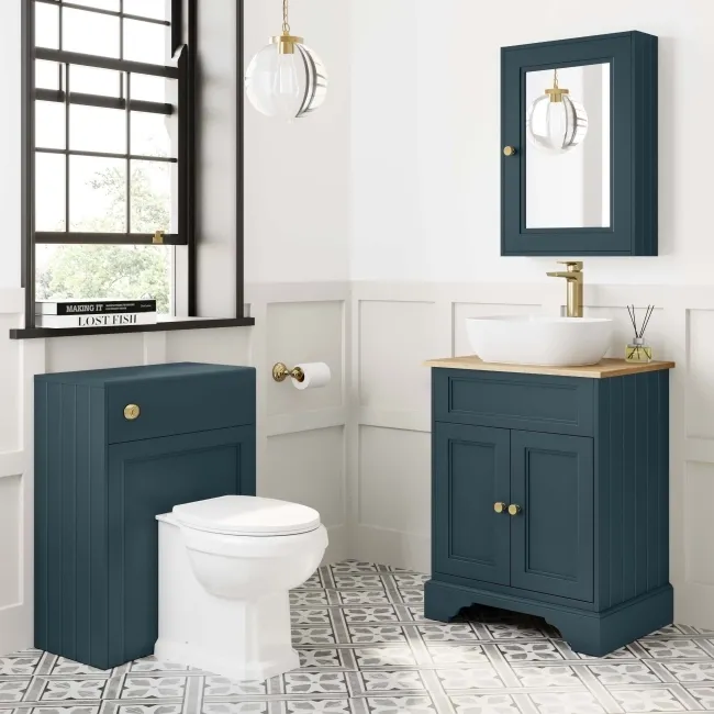 Lucia Inky Blue Vanity with Oak Effect Top & Curved Counter Top Basin 640mm - Brushed Brass Accents