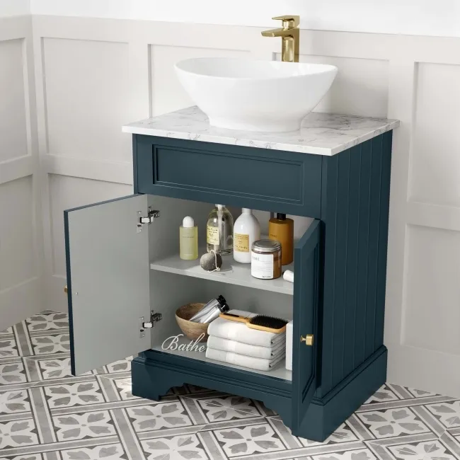 Lucia Inky Blue Vanity with Marble Top & Oval Counter Top Basin 640mm - Brushed Brass Accents